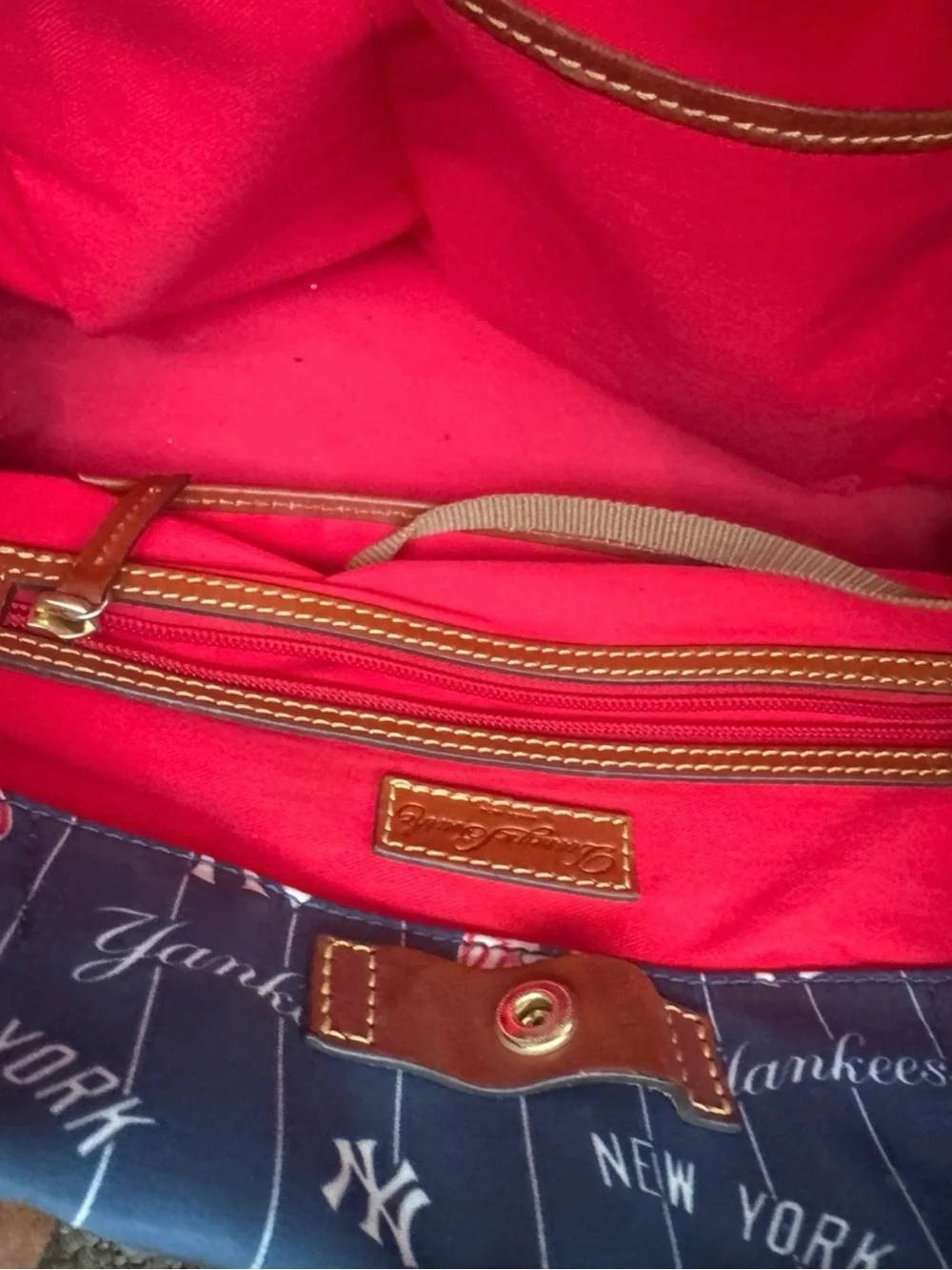 Dooney & Bourke New York Yankees Navy Tote Bag with Brown Leather Handles.